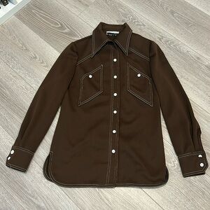Vtg 70s Western Flap Pocket Brown Dacron Polyester Shirt Dagger Collar Small
